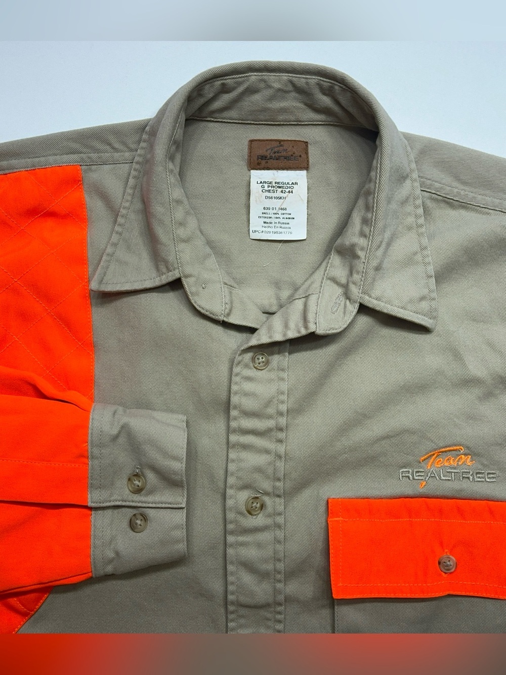 Vtg Team Real Tree Canvas Button Up Shirt Mens Size Large Hunting Khaki Orange